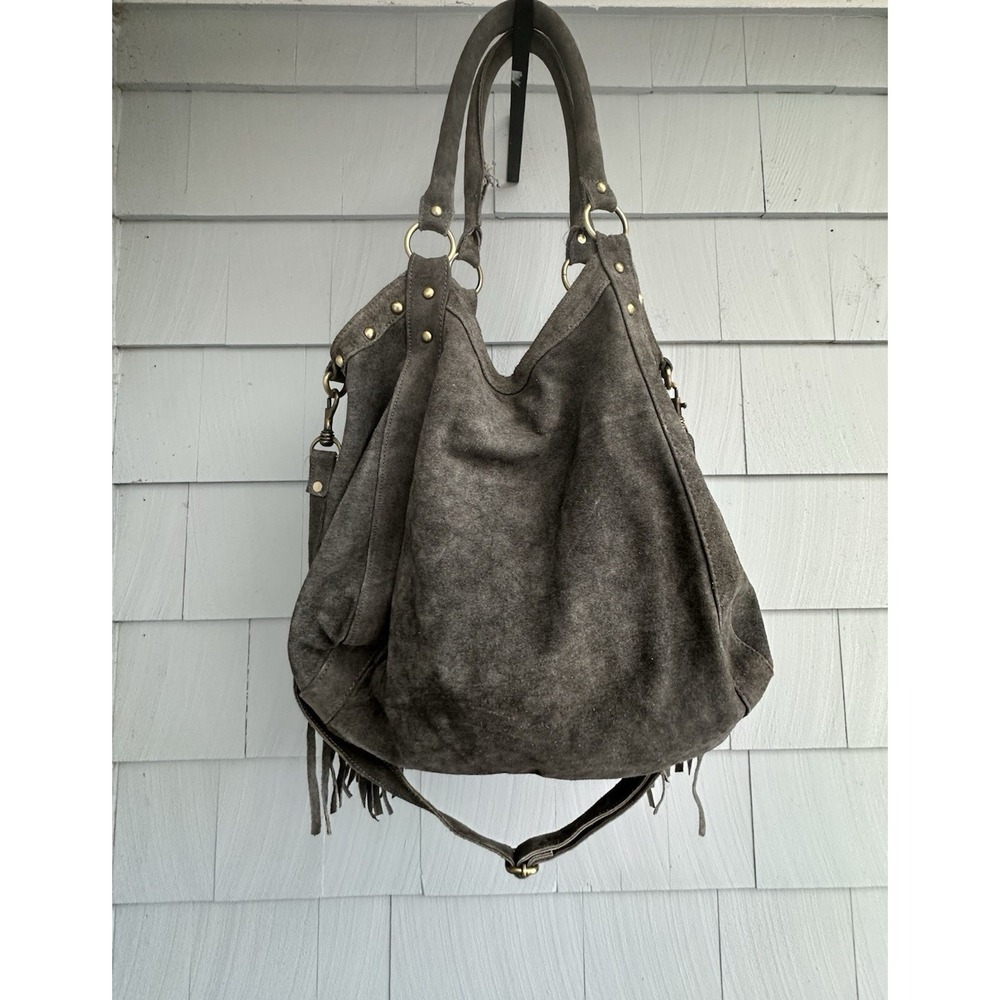 Gray Suede Fringe Hobo Bag Boho Western Studded Large Crossbody Raj - Picture 3 of 7